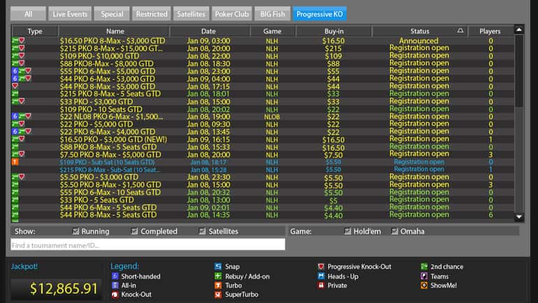 Poker client lobby showing number of players and stakes