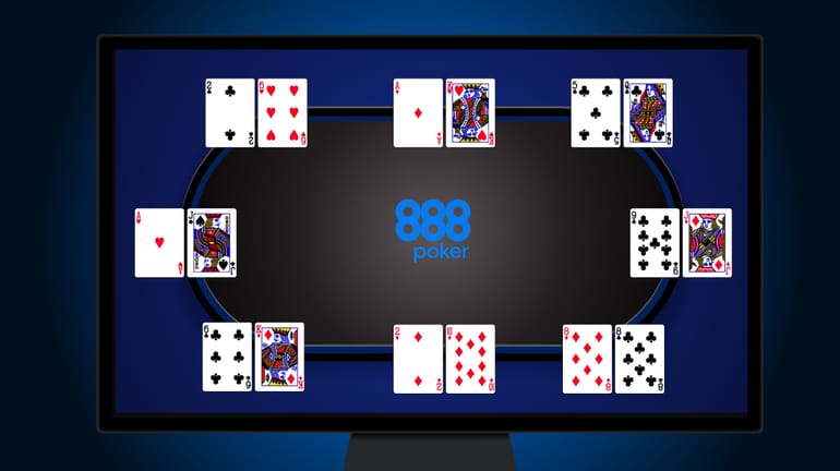 an online poker table with superuser seeing all 8 opponents’ hole cards